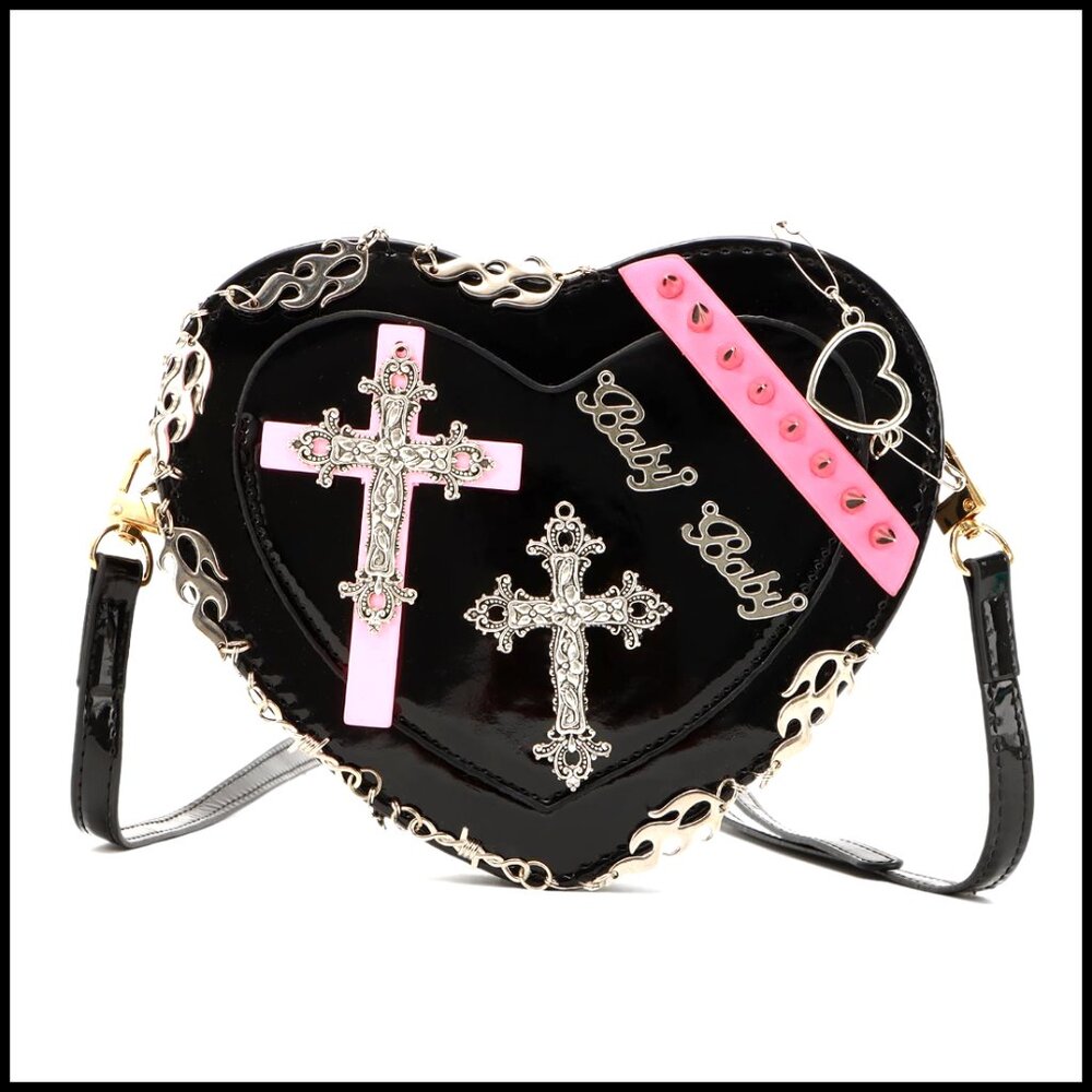 Gothic Punk Crossbody Bag Heart Shaped Studded Shoulder Purse Y2K